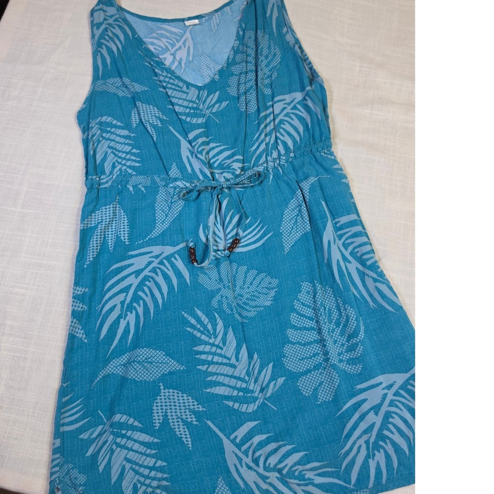 Palmwave Hawaii Teal Tropical Leaf Print Rayon V-Neck Drawstring Dress RN88831